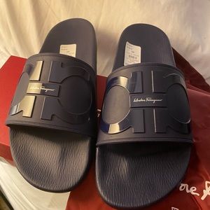 Salvatore Ferragamo Navy Blue Sliders Brand New